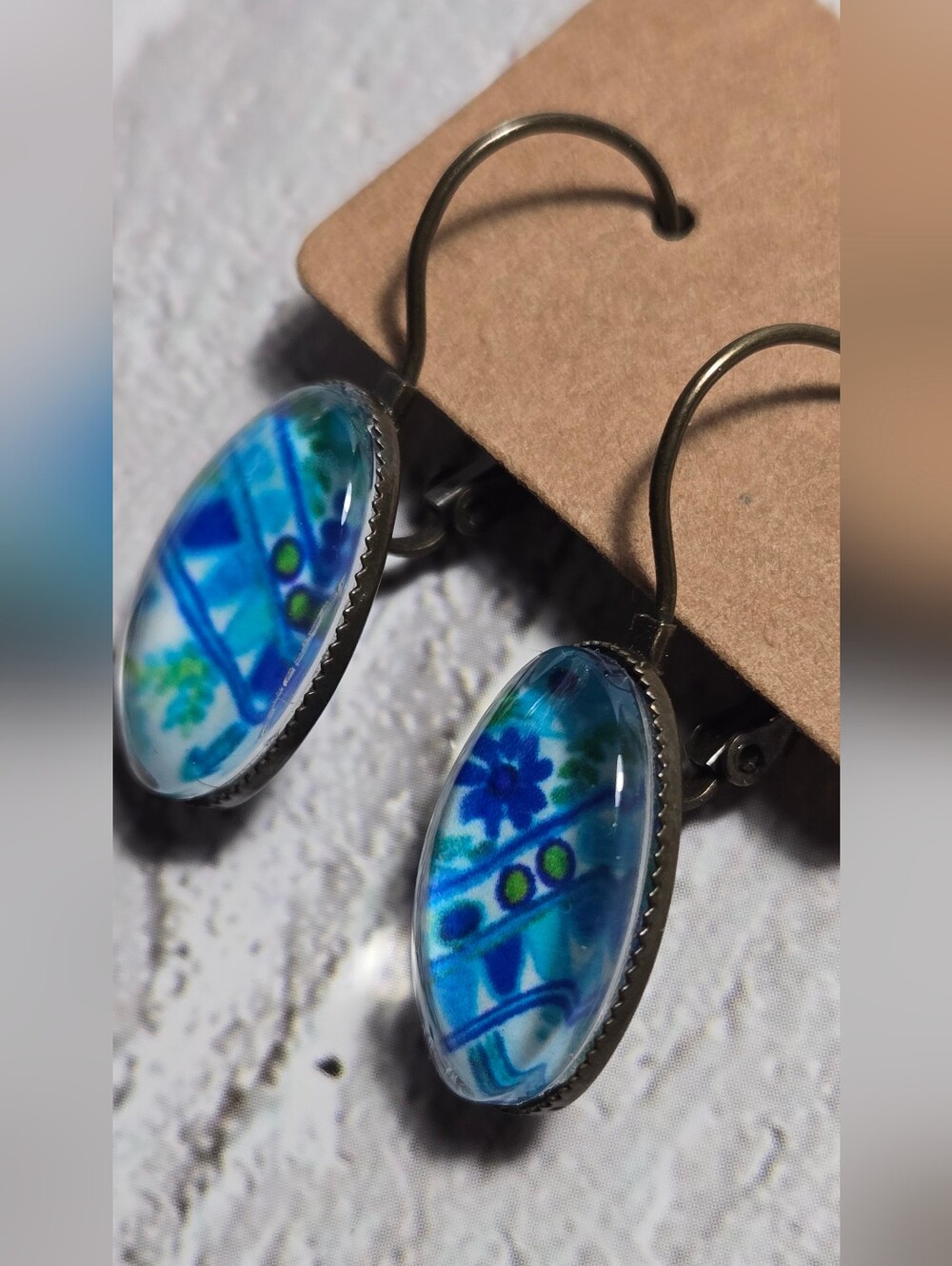 Vintage Blue and Brass Tone Drop Earrings - Picture 7 of 12